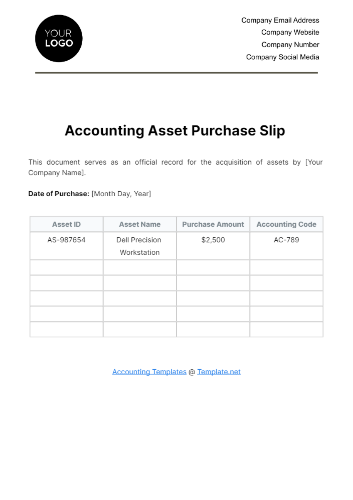 Accounting Asset Purchase Slip Template