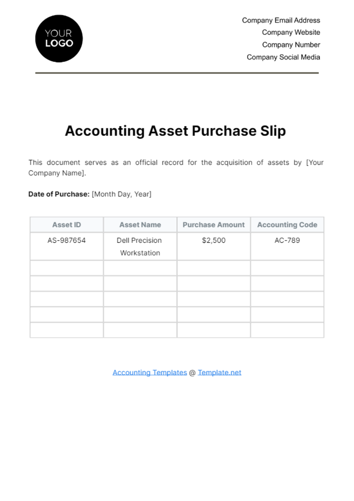 Accounting Asset Purchase Slip Template - Edit Online & Download