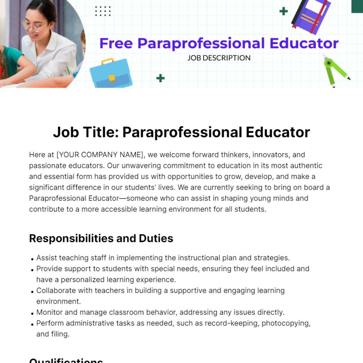 Paraprofessional Educator Job Description Template