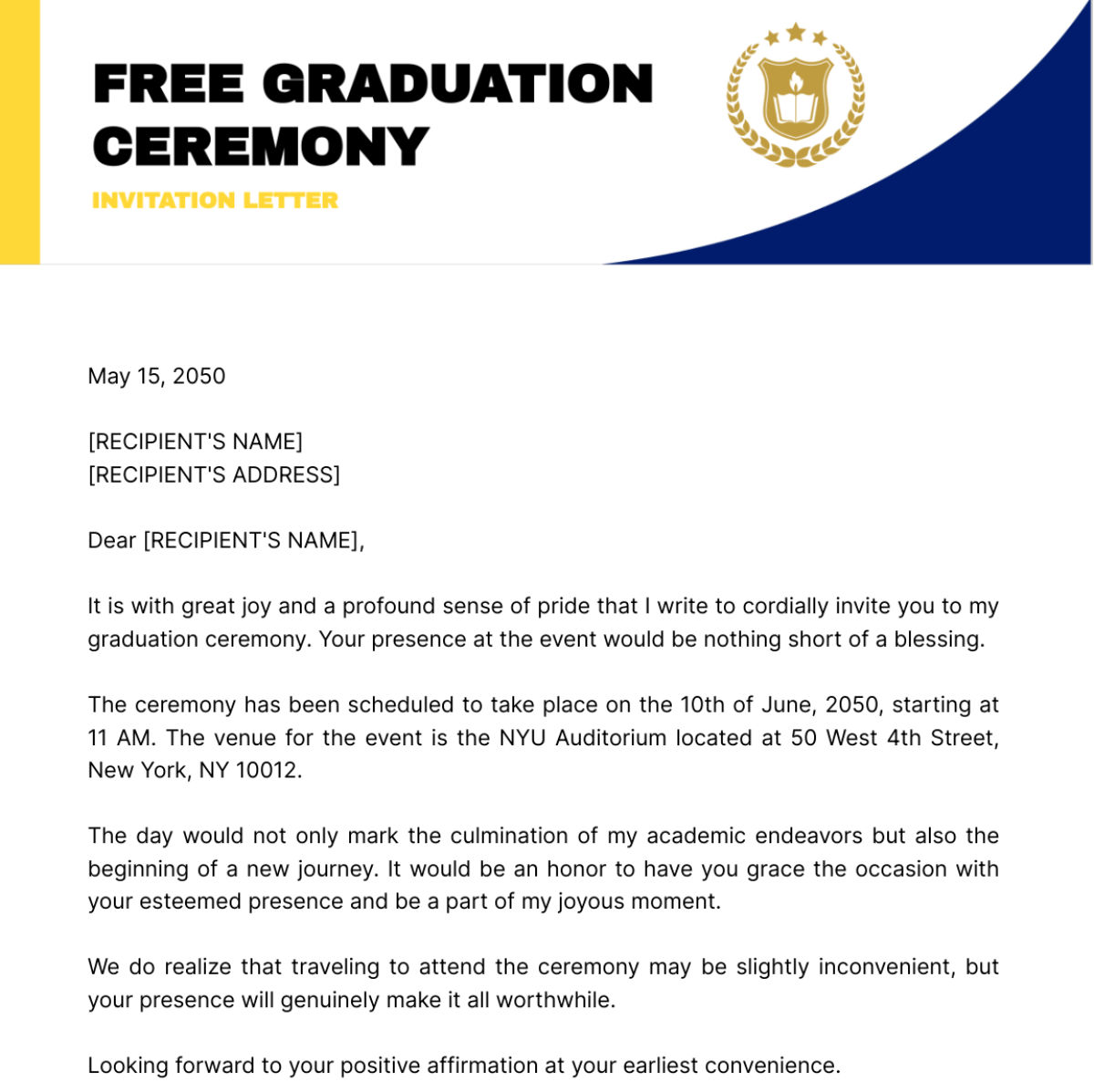 Graduation Ceremony Invitation Letter Template