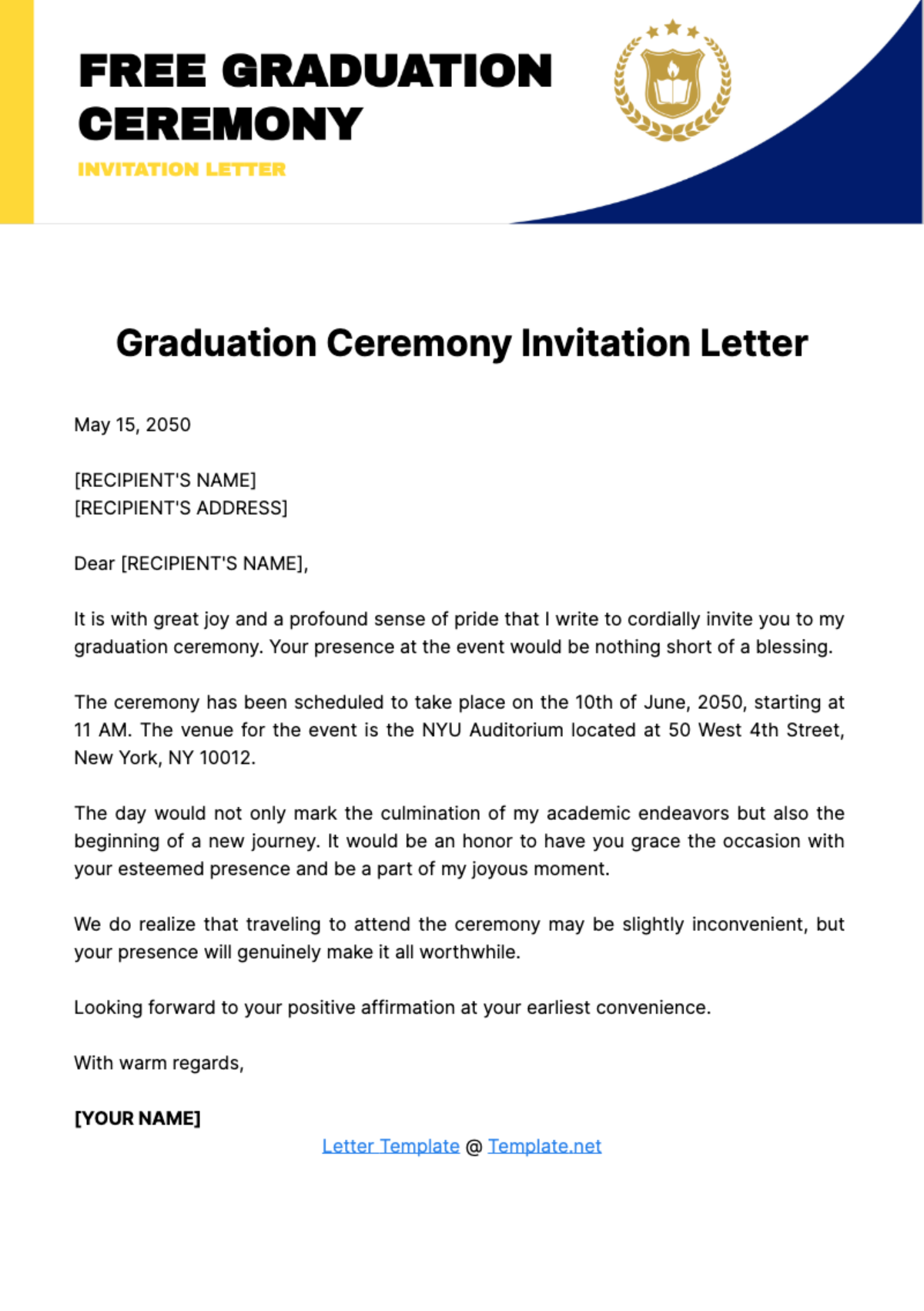 Free Graduation Ceremony Invitation Letter Template