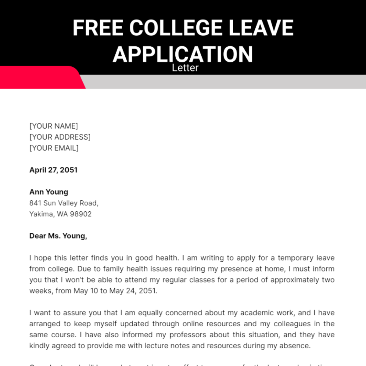 College Leave Application Letter Template
