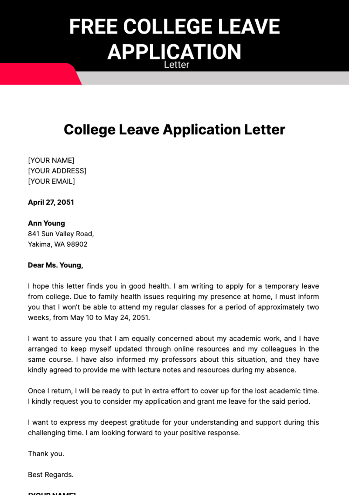 Free College Leave Application Letter Template