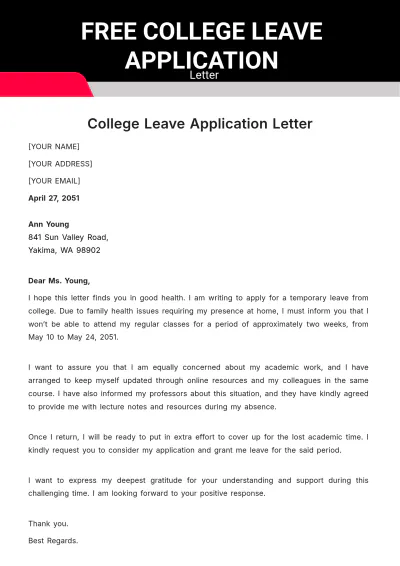 Free College Leave Application Letter Template to Edit Online