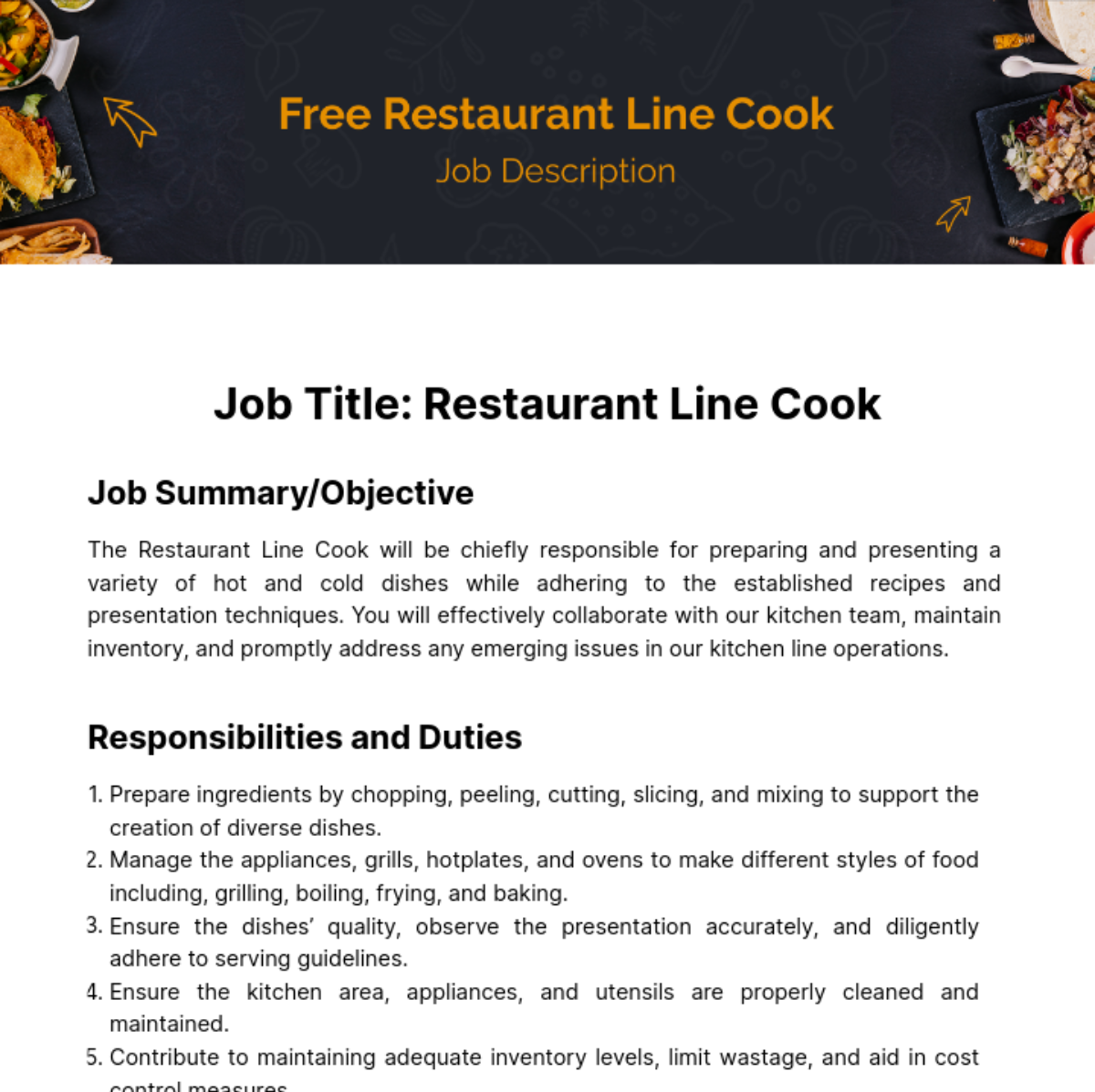 Free Restaurant Line Cook Job Description Template - Edit Online ...