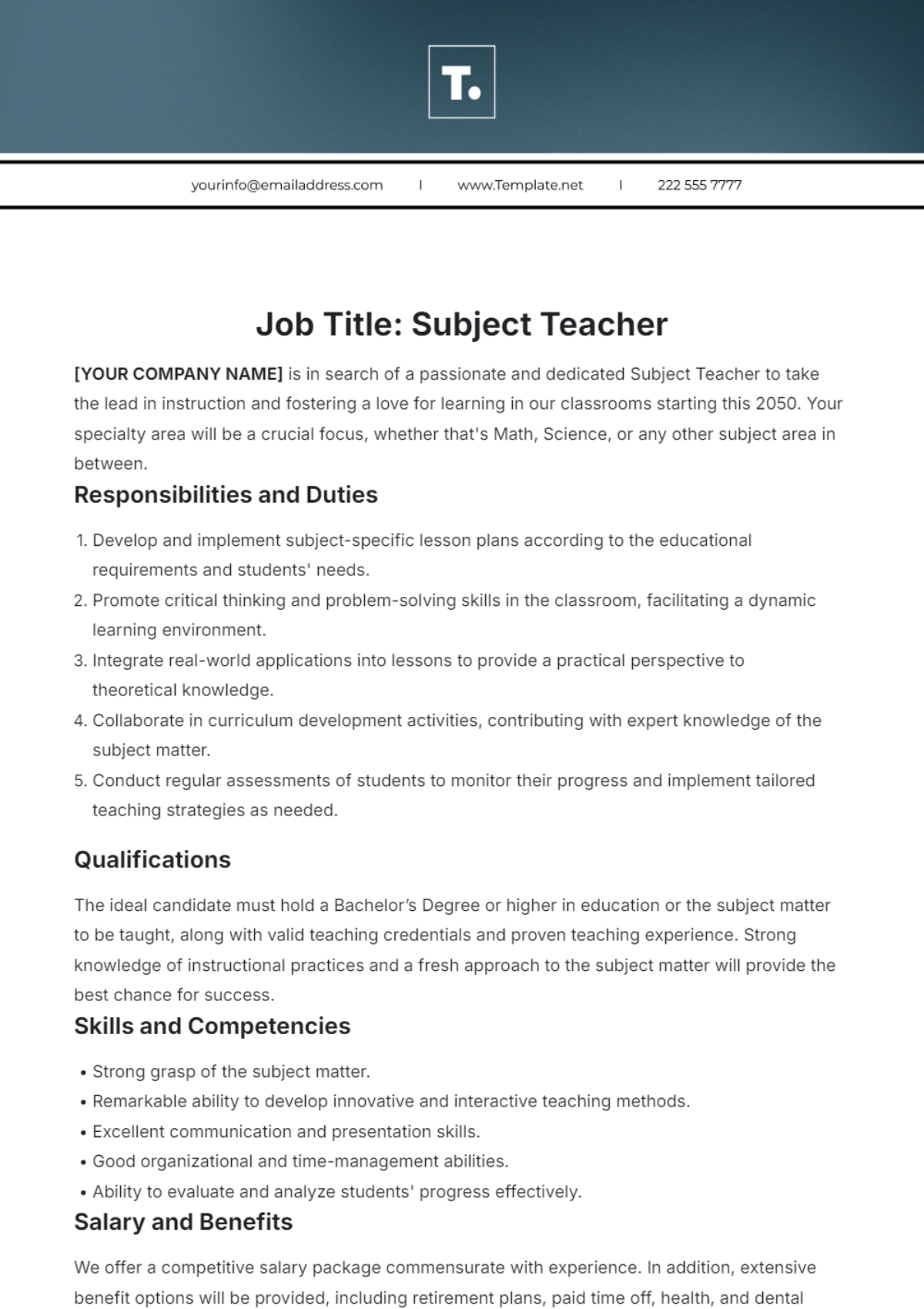 Subject Teacher Job Description Template