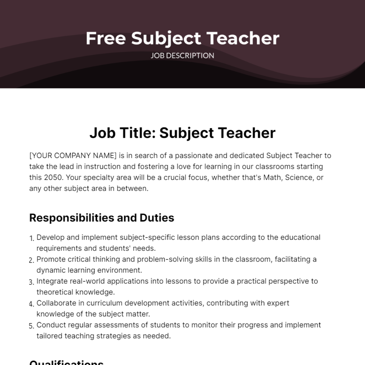 Subject Teacher Job Description Template