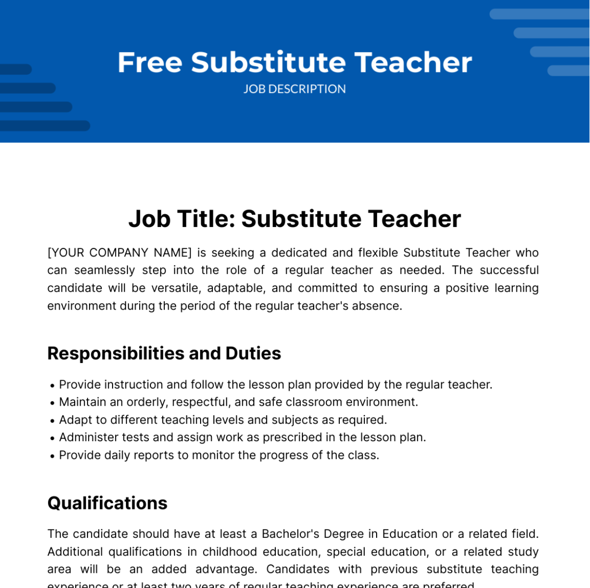 Substitute Teacher Job Description Template
