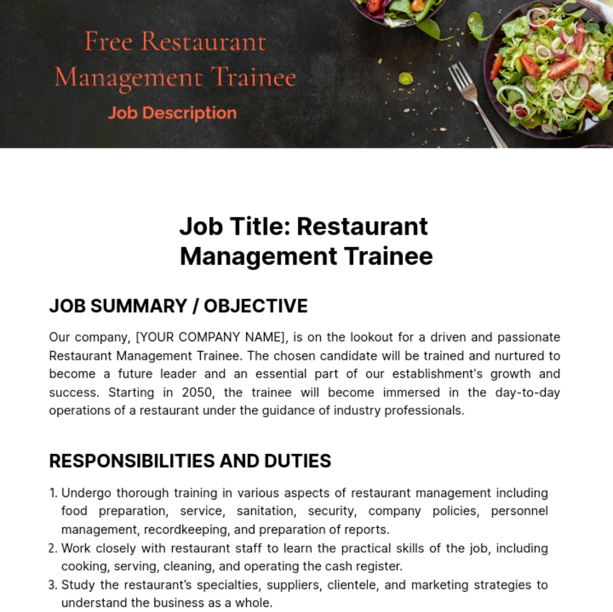 Restaurant Management Trainee Job Description Template - Edit Online & Download