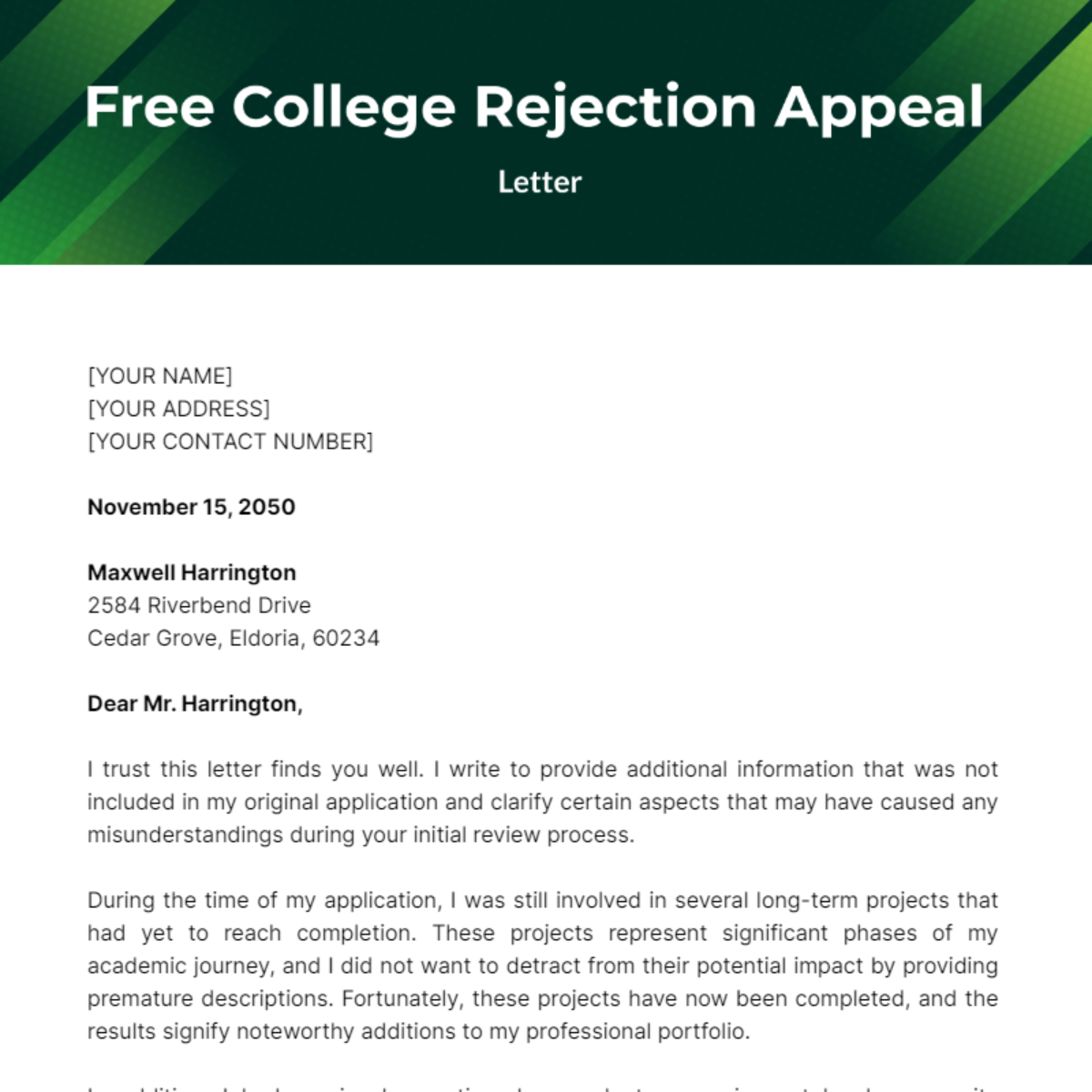 College Rejection Appeal Letter Template