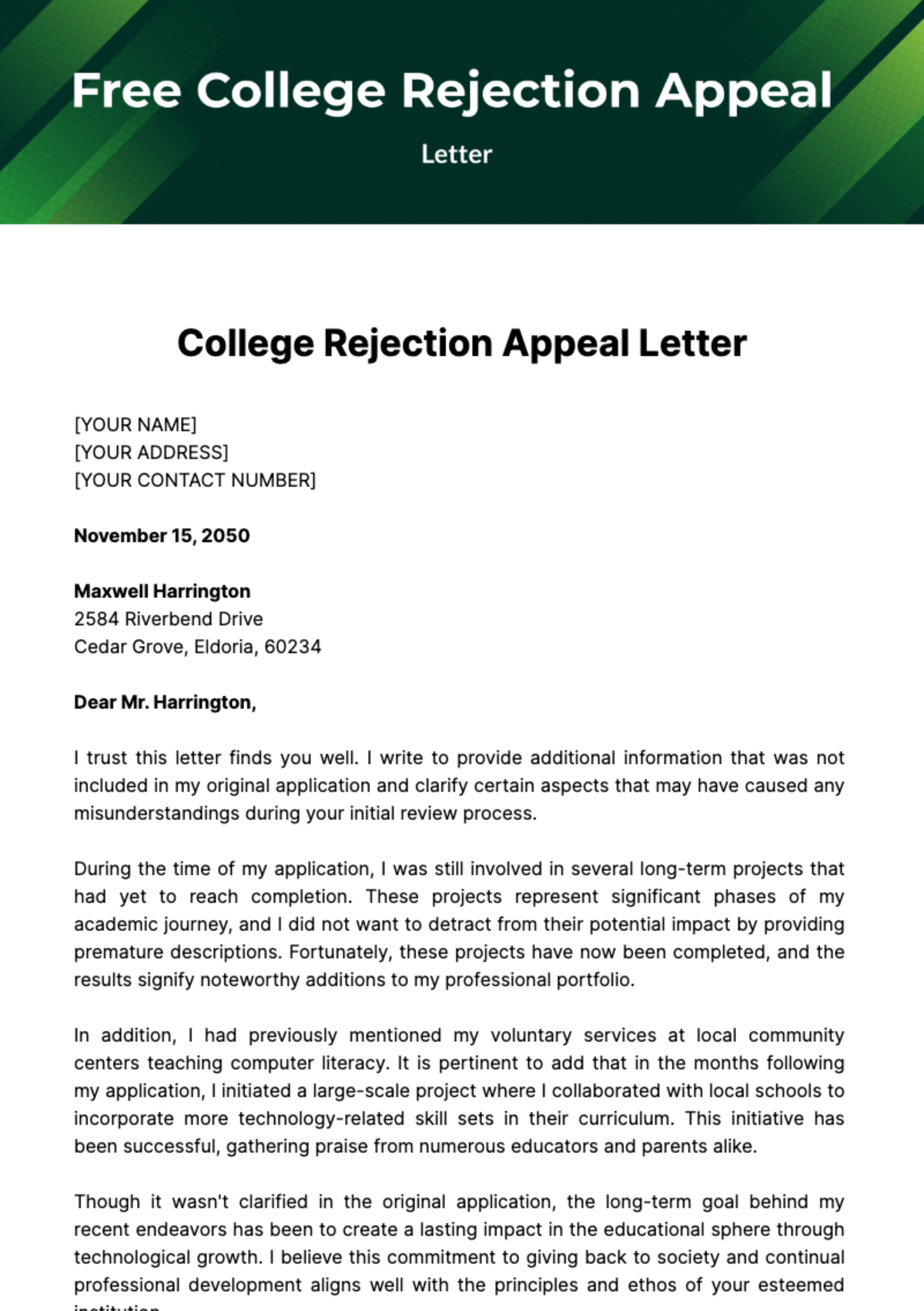 Free College Rejection Appeal Letter Template