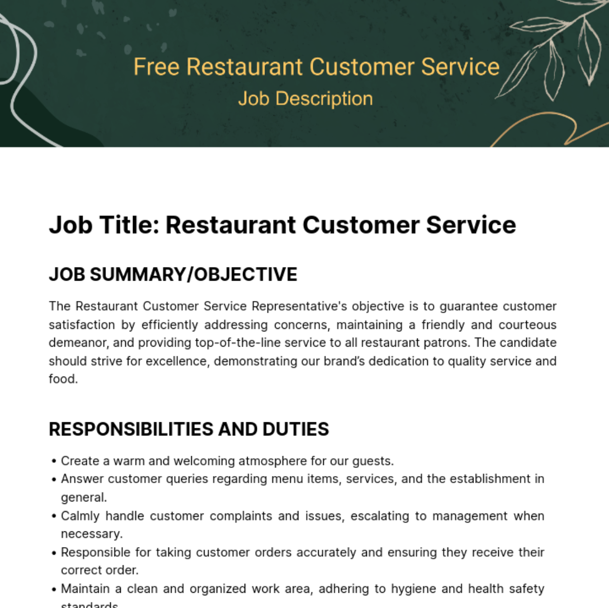 Free Restaurant Customer Service Job Description Template Edit Online 