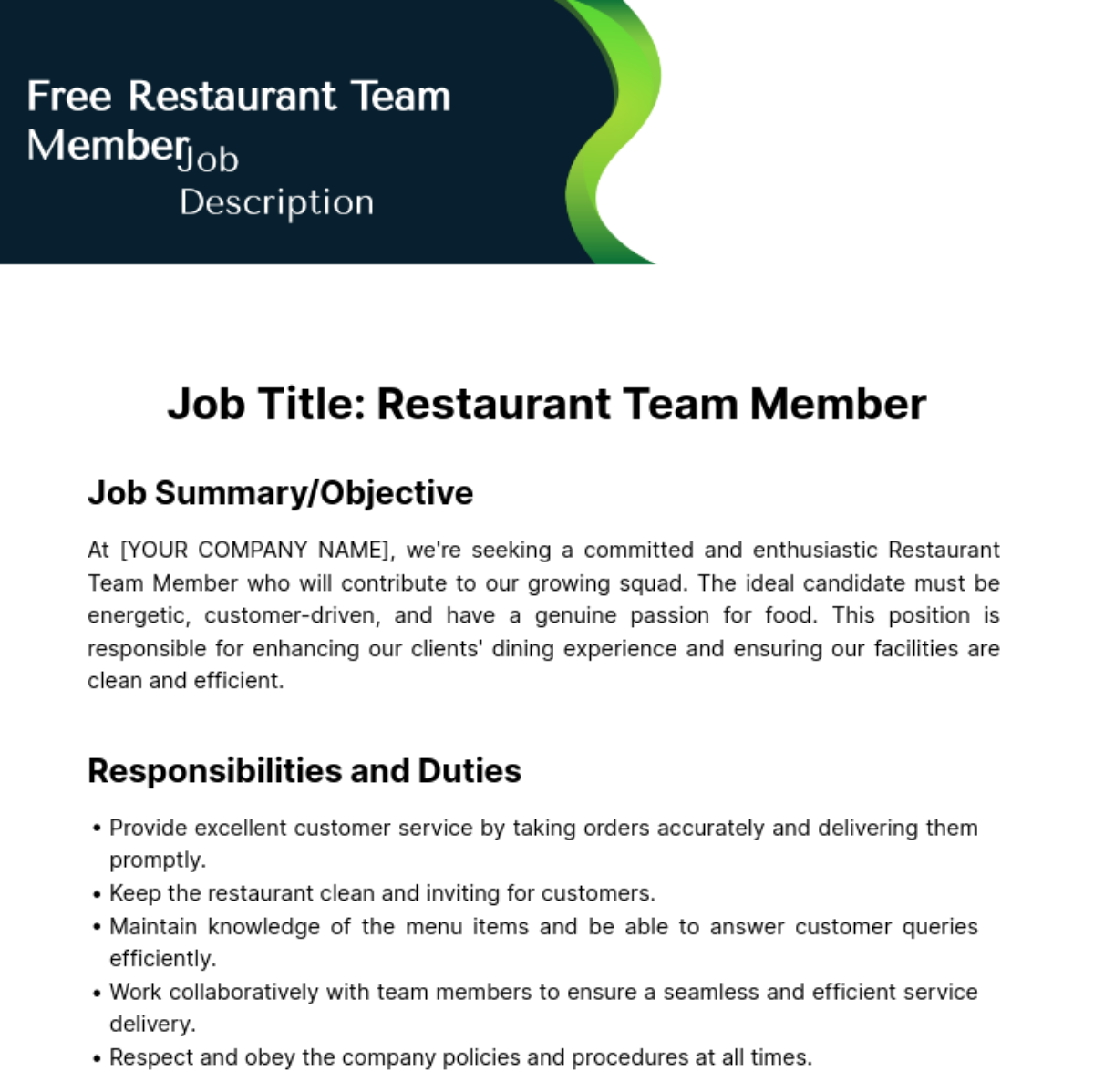 Free Restaurant Team Member Job Description Template - Edit Online ...