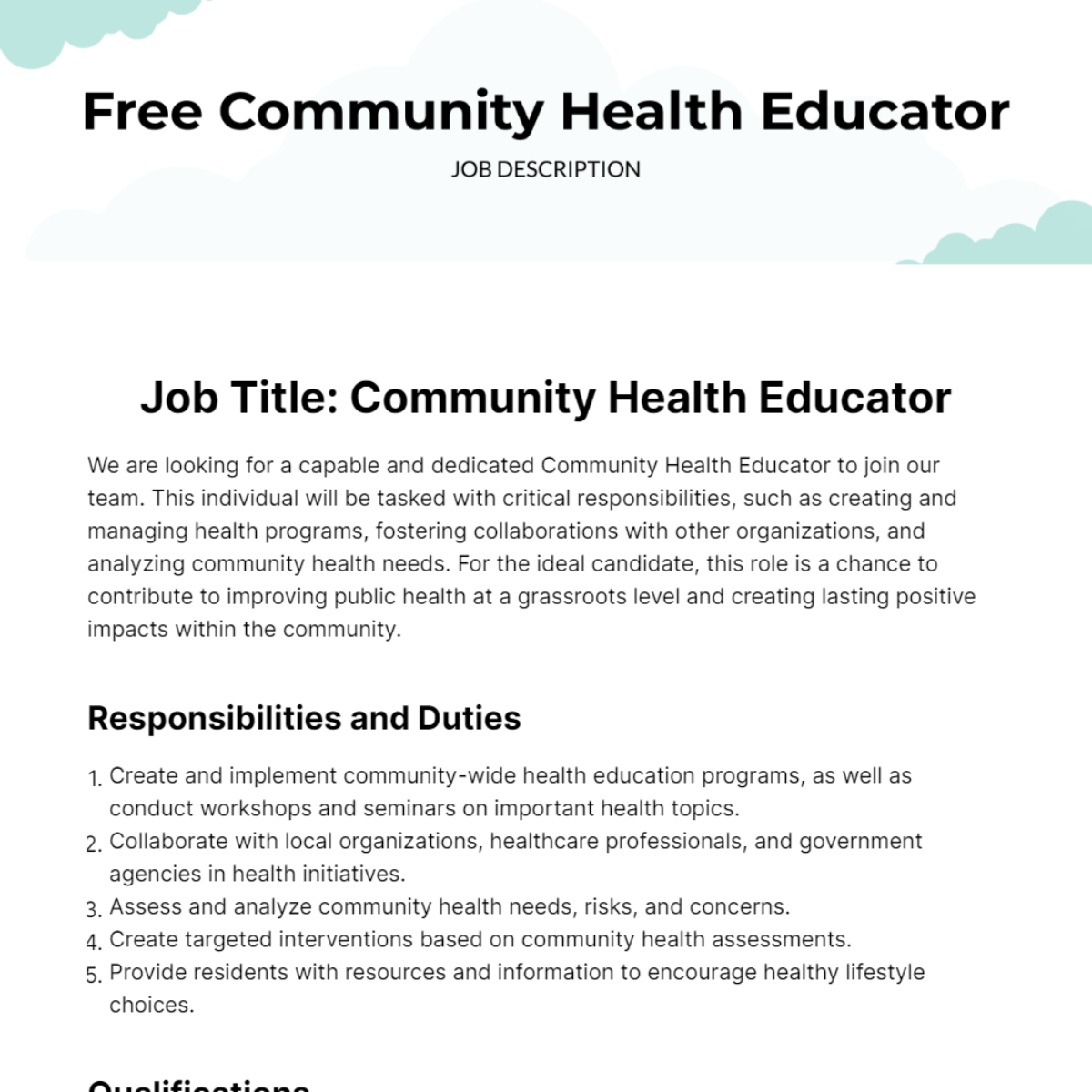 Community Health Educator Job Description Template
