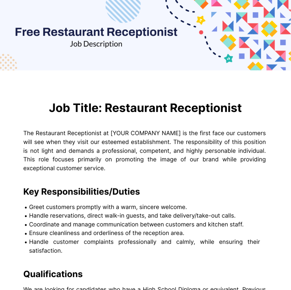 Restaurant Receptionist Job Description Template - Edit Online & Download