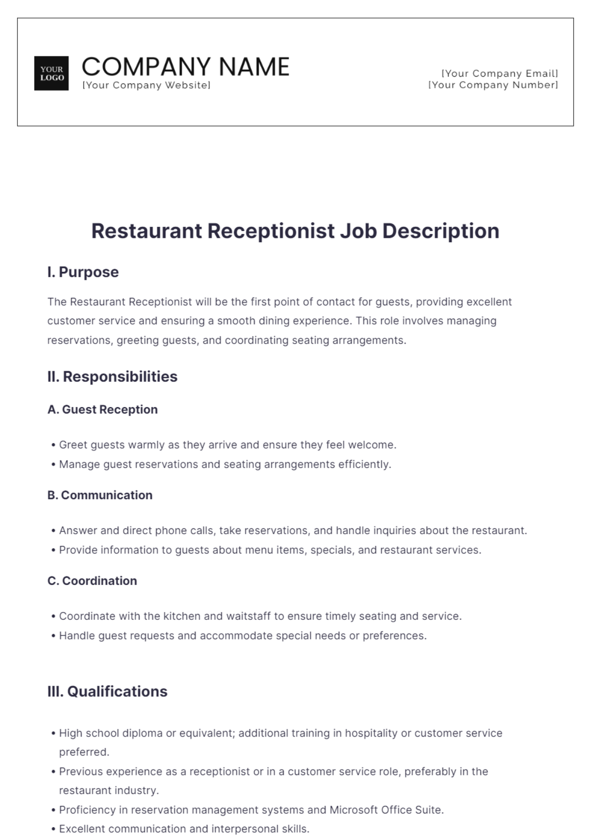 Restaurant Receptionist Job Description Template - Edit Online & Download