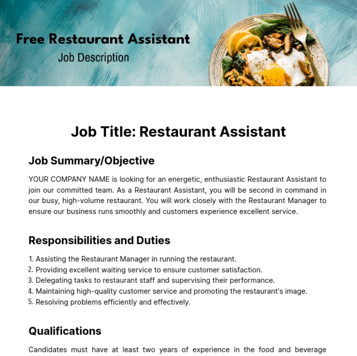 Restaurant Assistant Job Description Template - Edit Online & Download