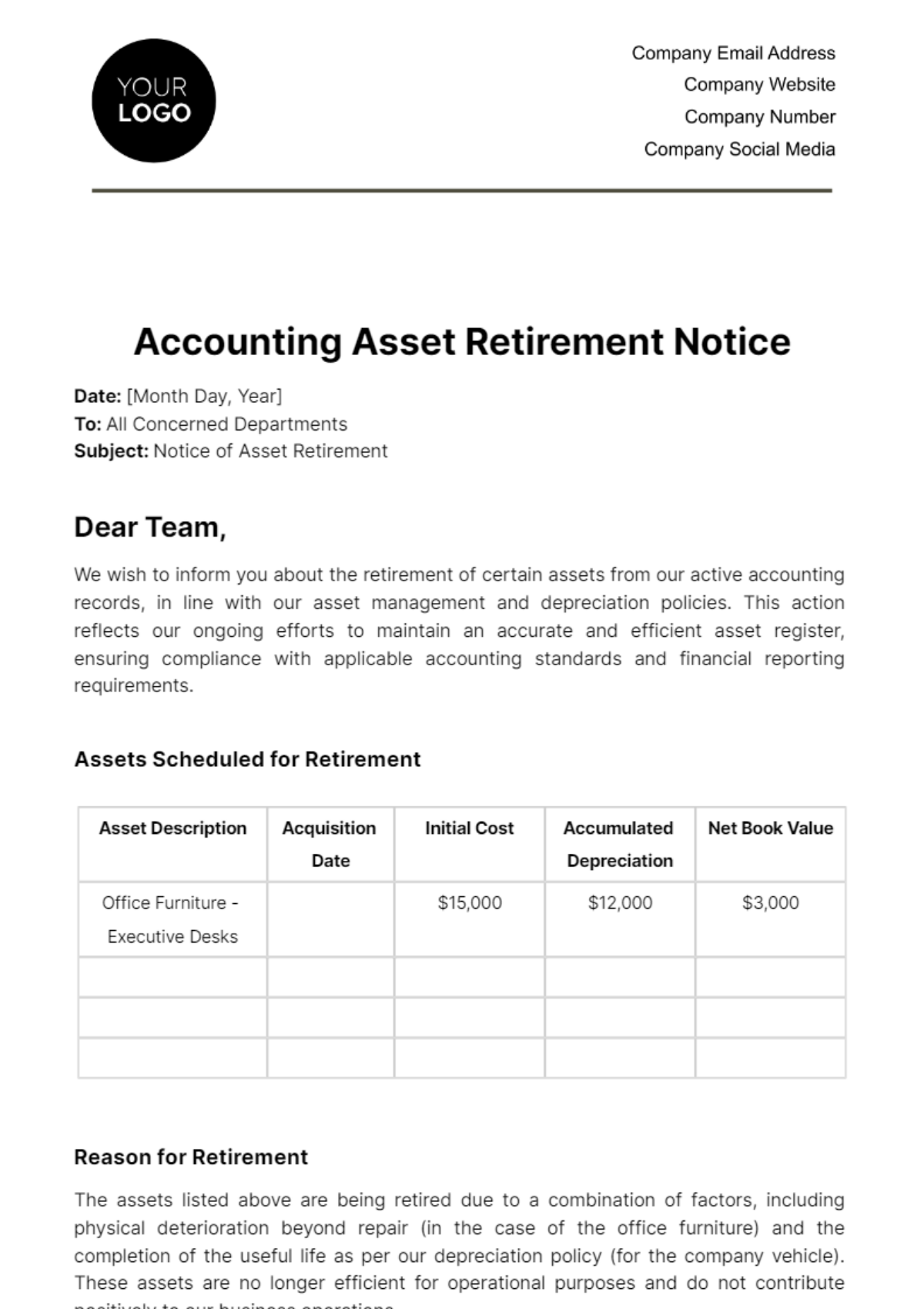 Free Accounting Asset Retirement Notice Template