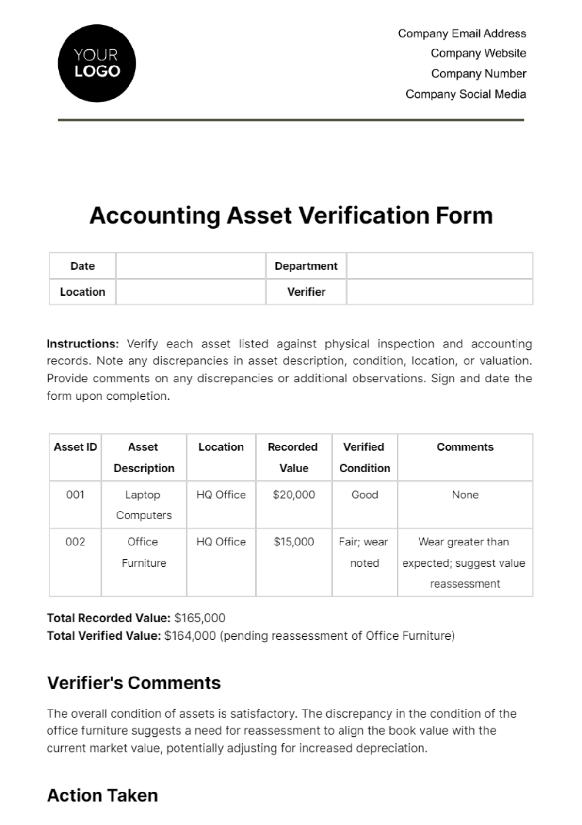 Accounting Asset Verification Form Template