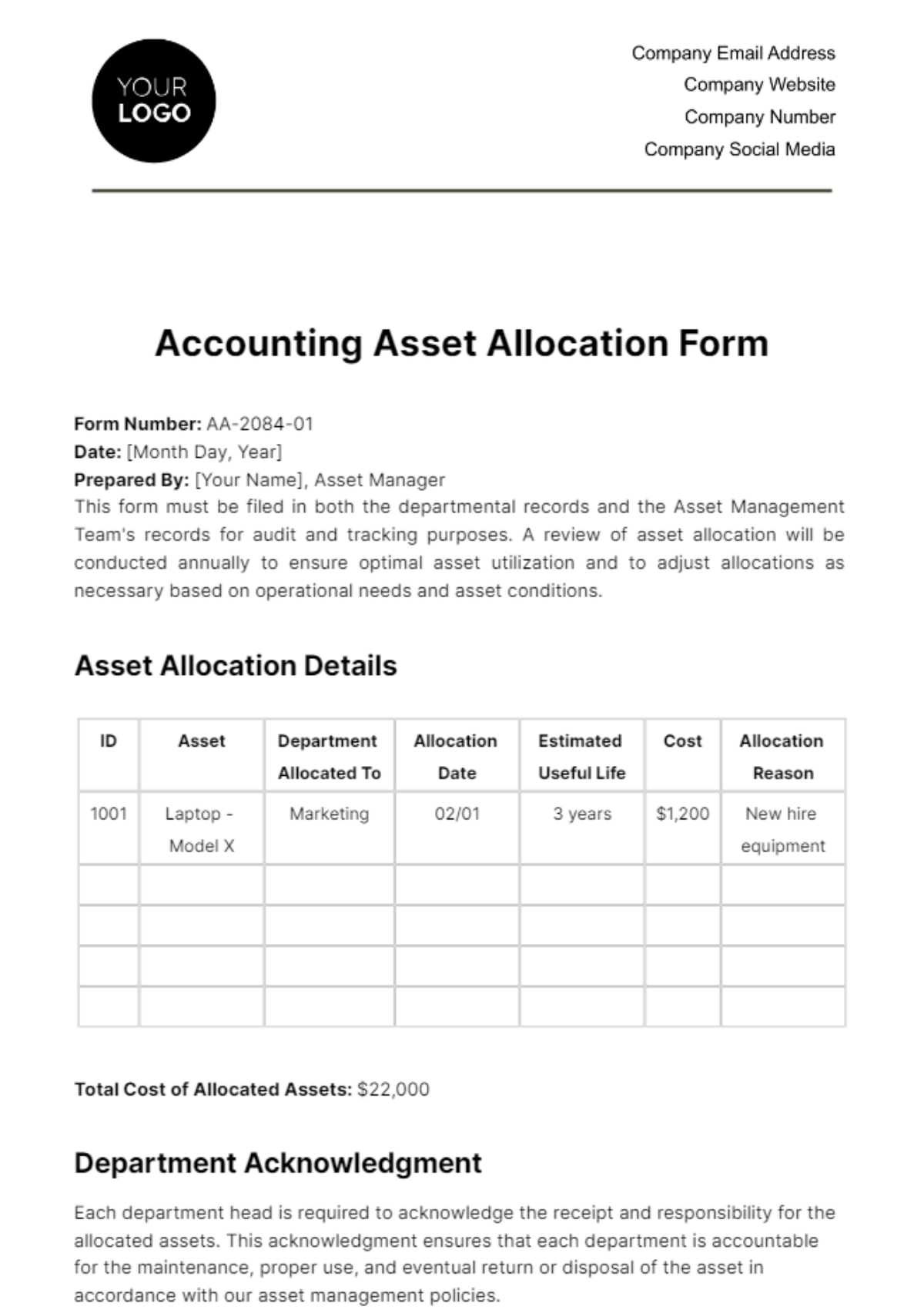 Free Accounting Asset Allocation Form Template