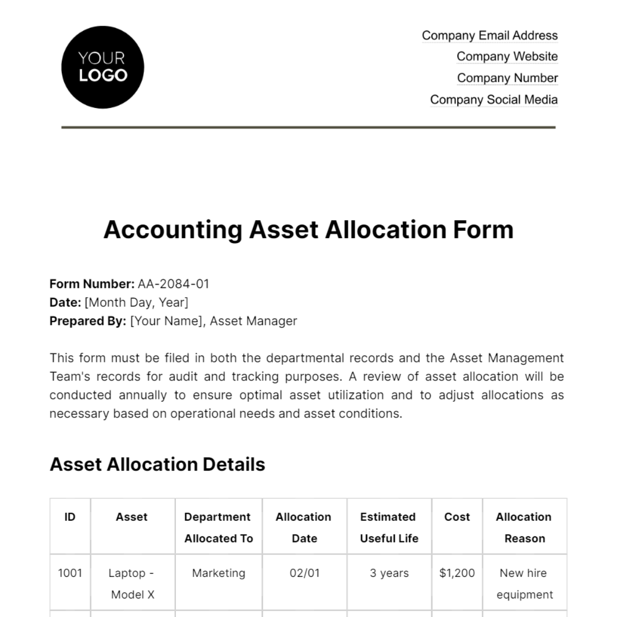 Accounting Asset Allocation Form Template