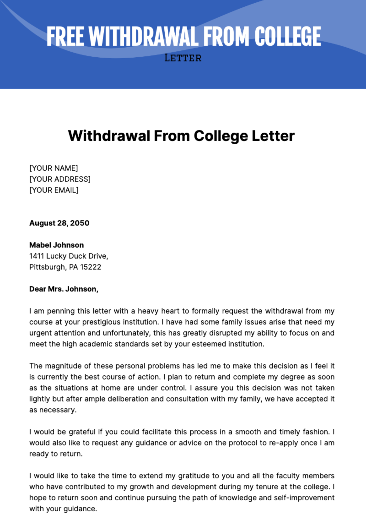 Free Withdrawal from College Letter Template