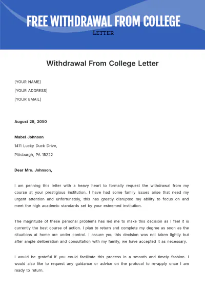 Free Withdrawal from College Letter Template to Edit Online