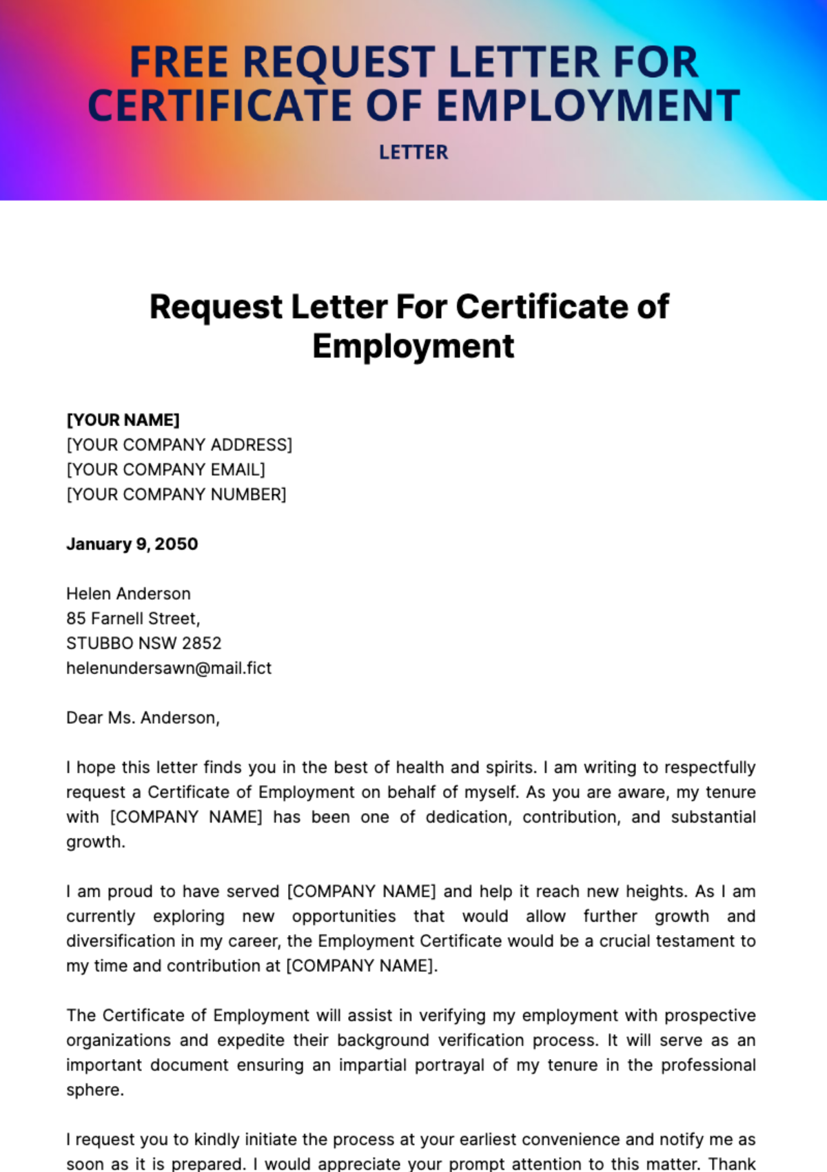 Free Request Letter for Certificate of Employment Template