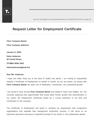 Free Request Letter for Employment Certificate Template to Edit Online