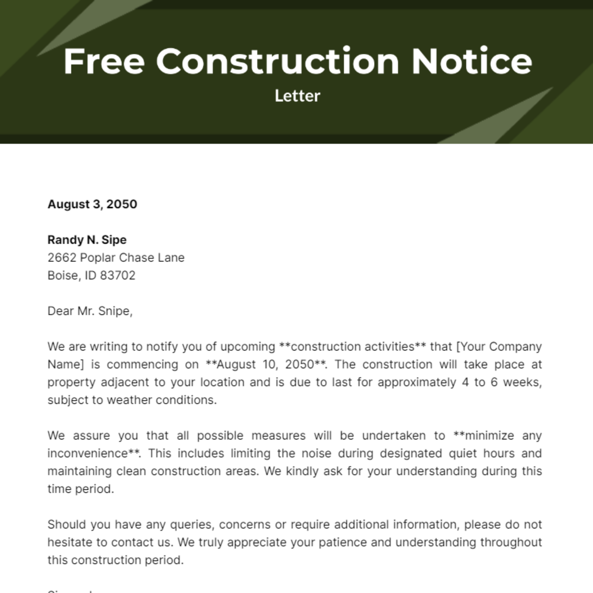 Construction Notice Letter Template