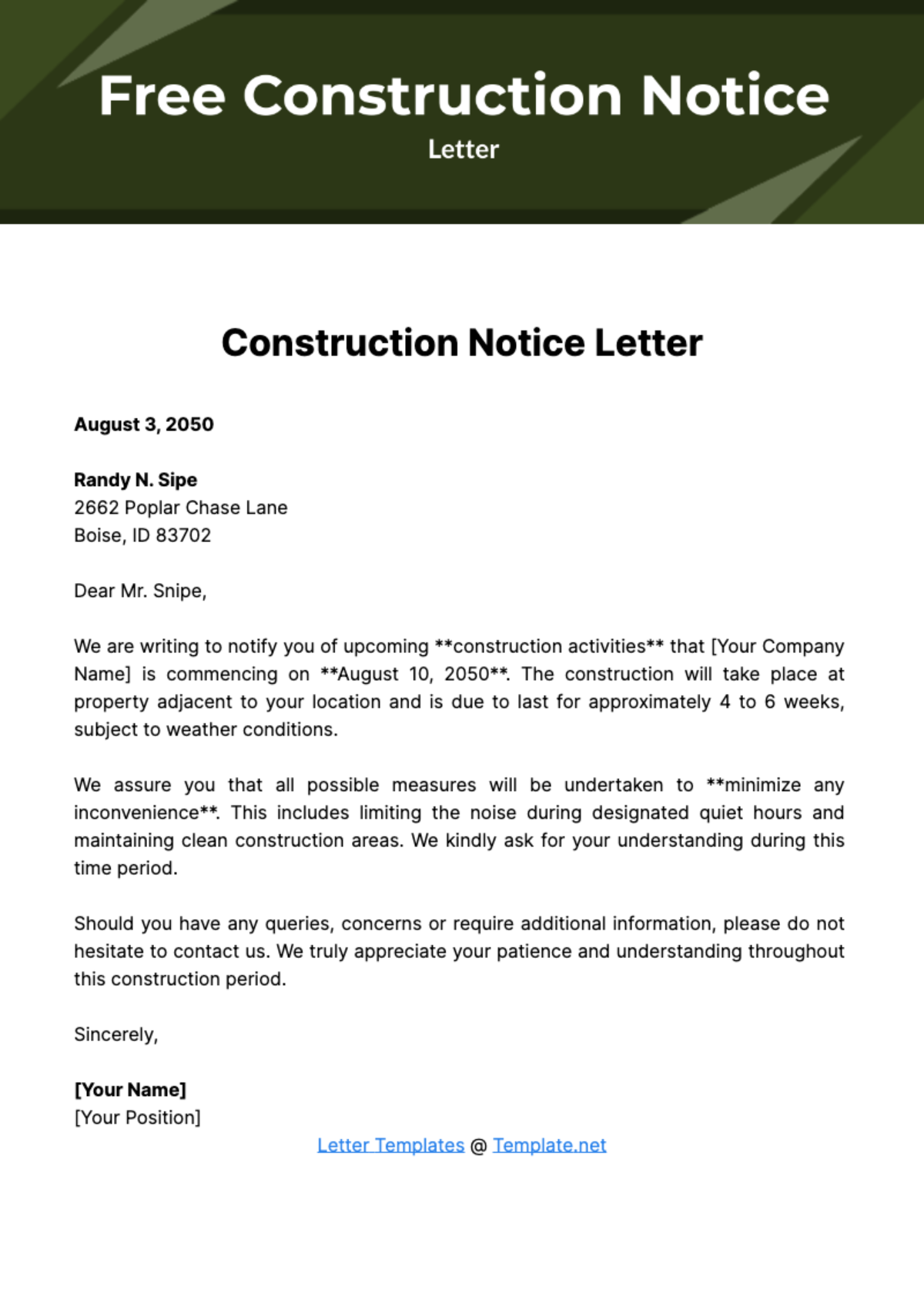 Free Construction Notice Letter Template