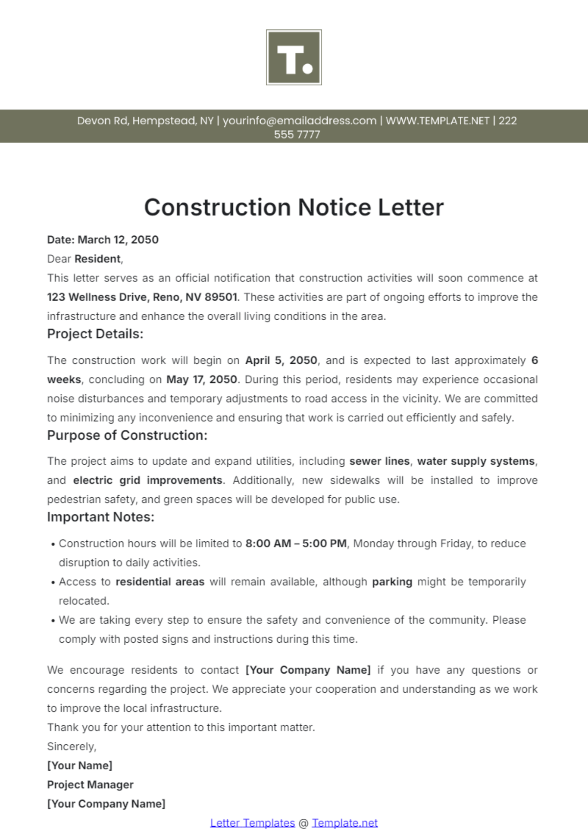 Construction Notice Letter Template - Edit Online & Download