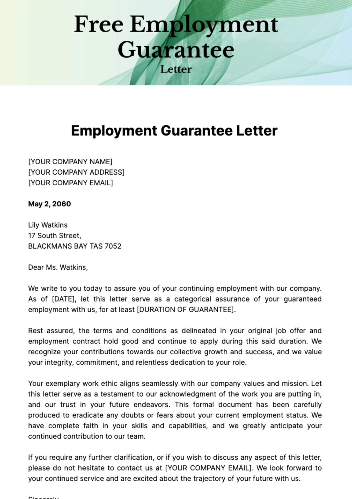 Free Employment Guarantee Letter Template