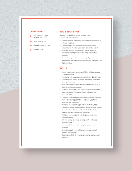 Graphics Production Artist Resume Template