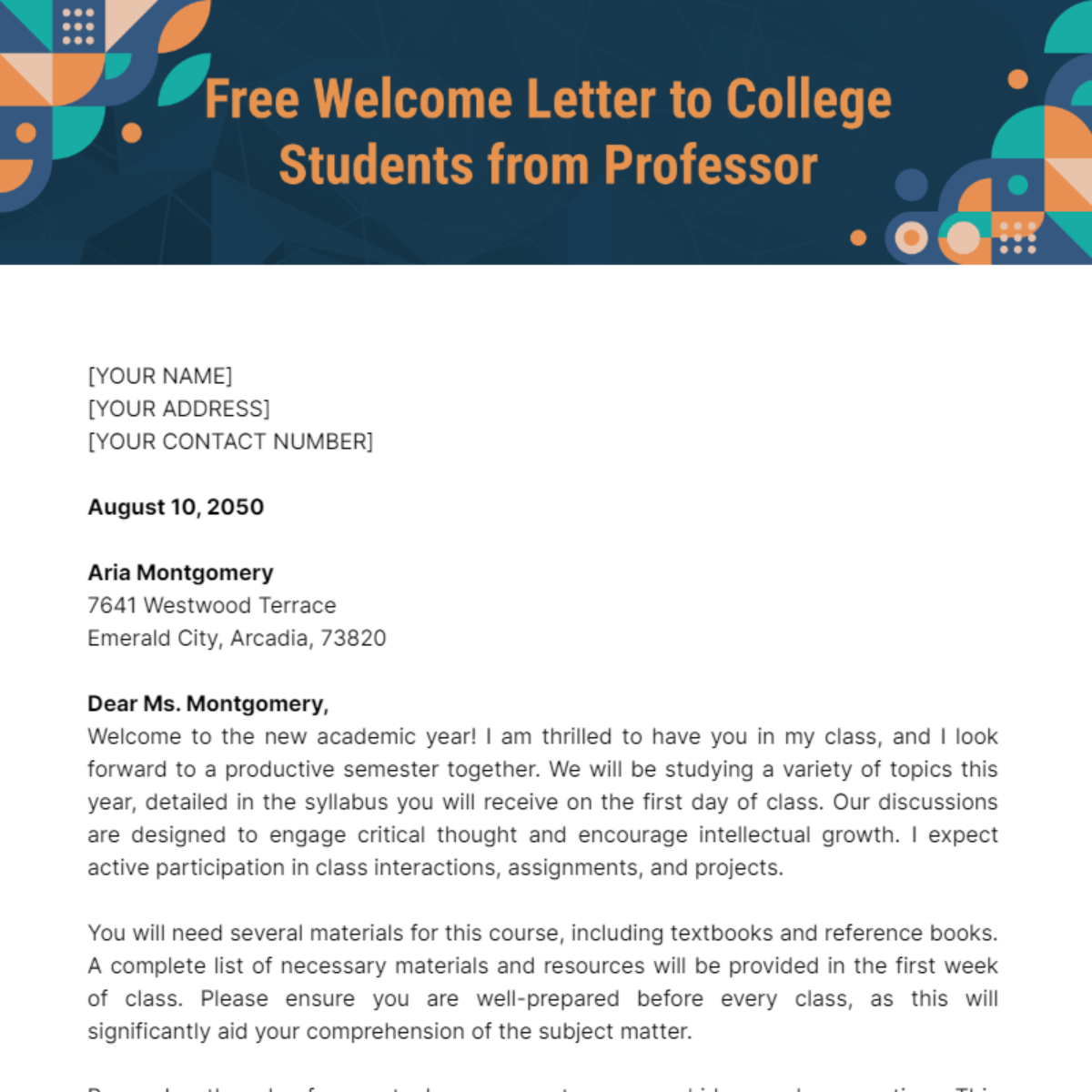 Welcome Letter to College Students from Professor Template