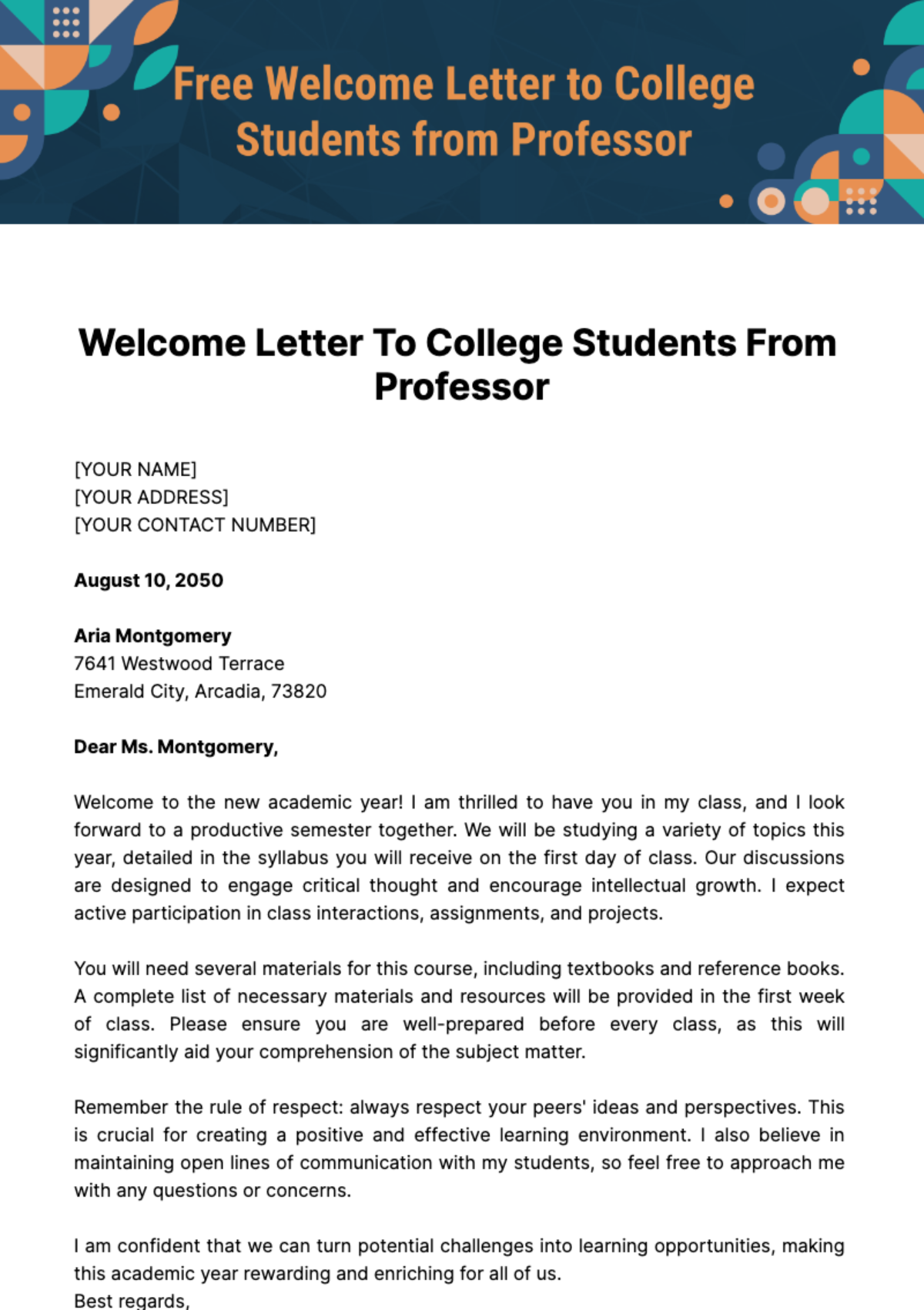 Free Welcome Letter to College Students from Professor Template