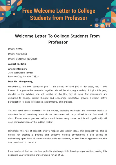 Free Welcome Letter to College Students from Professor Template to Edit Online
