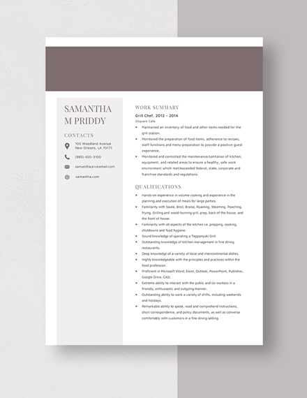 Grill Chef Resume Template