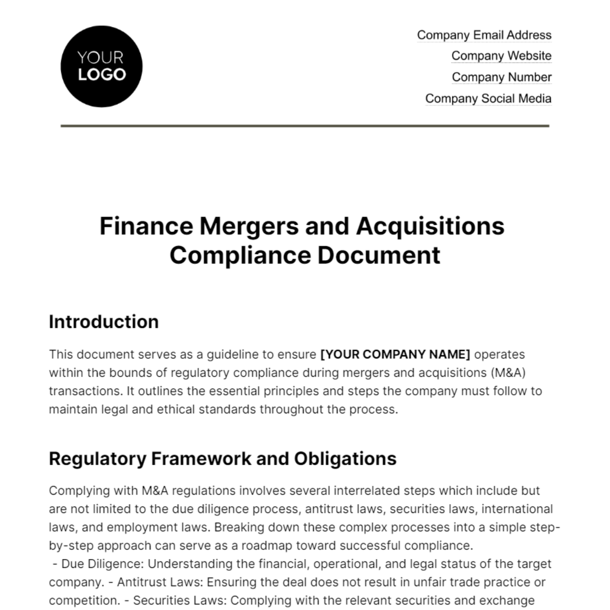 Finance Mergers & Acquisitions Compliance Document Template