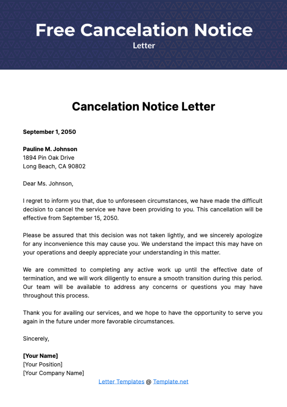 Free Cancelation Notice Letter Template