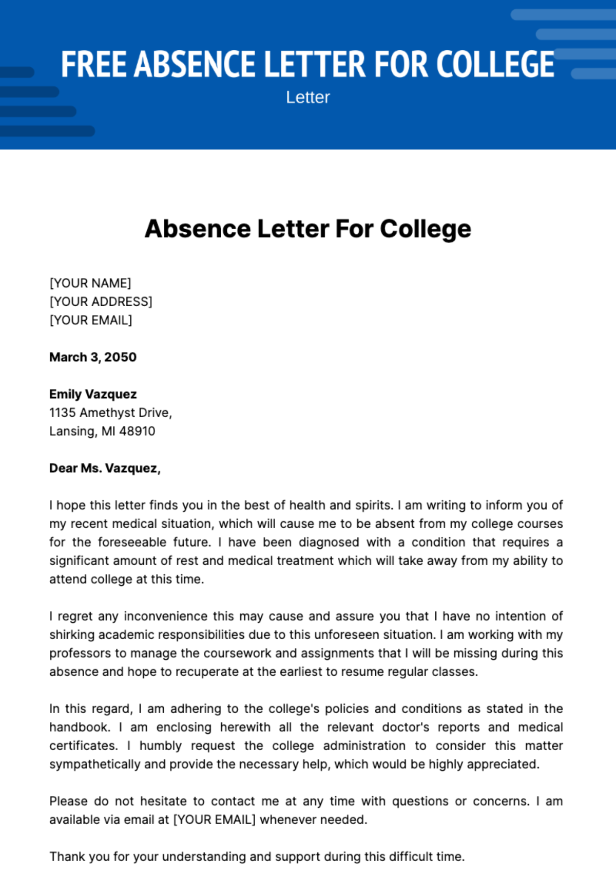 Free Absence Letter for College Template