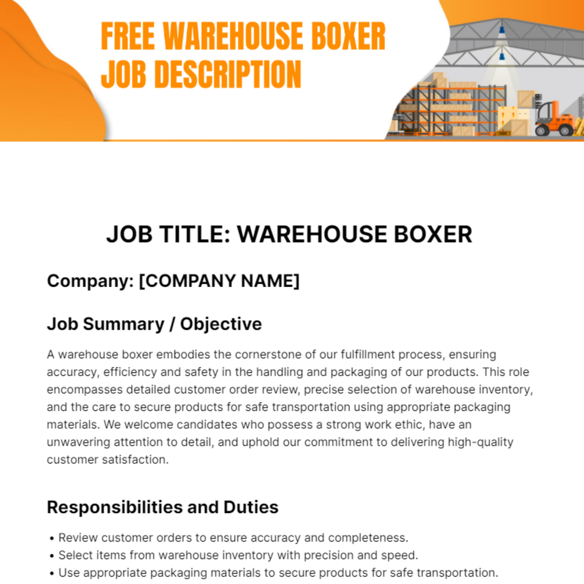 Warehouse Boxer Job Description Template