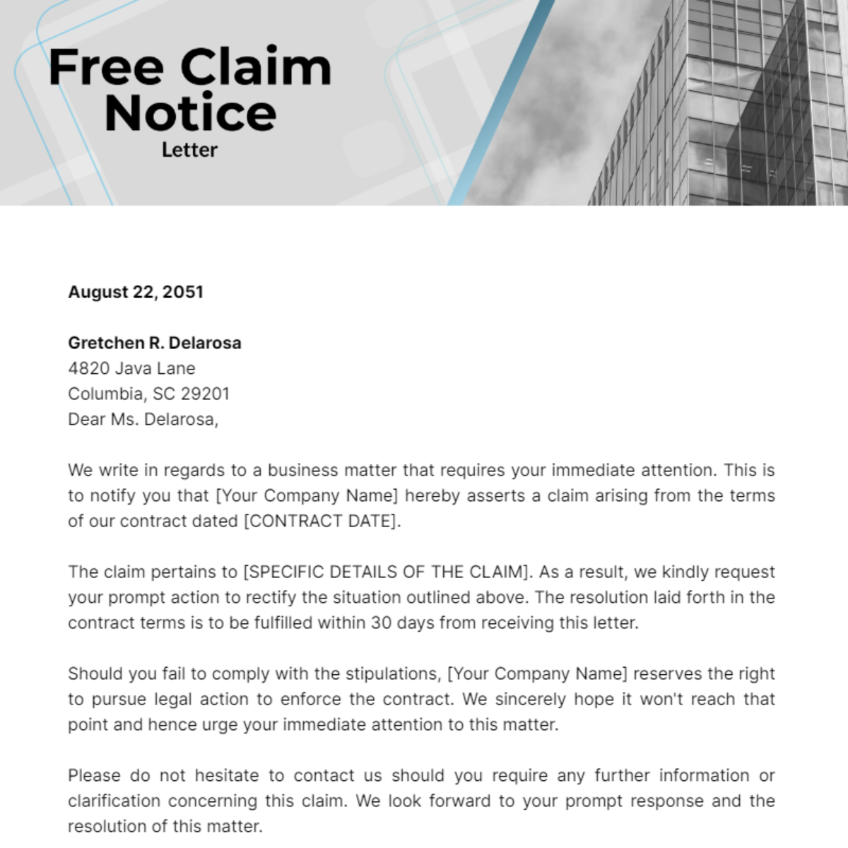 Claim Notice Letter Template