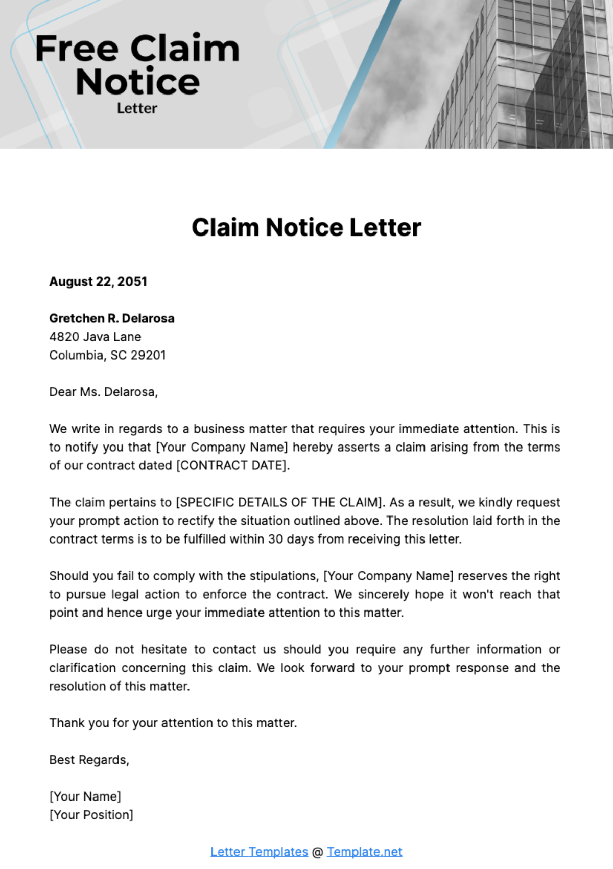 Free Claim Notice Letter Template