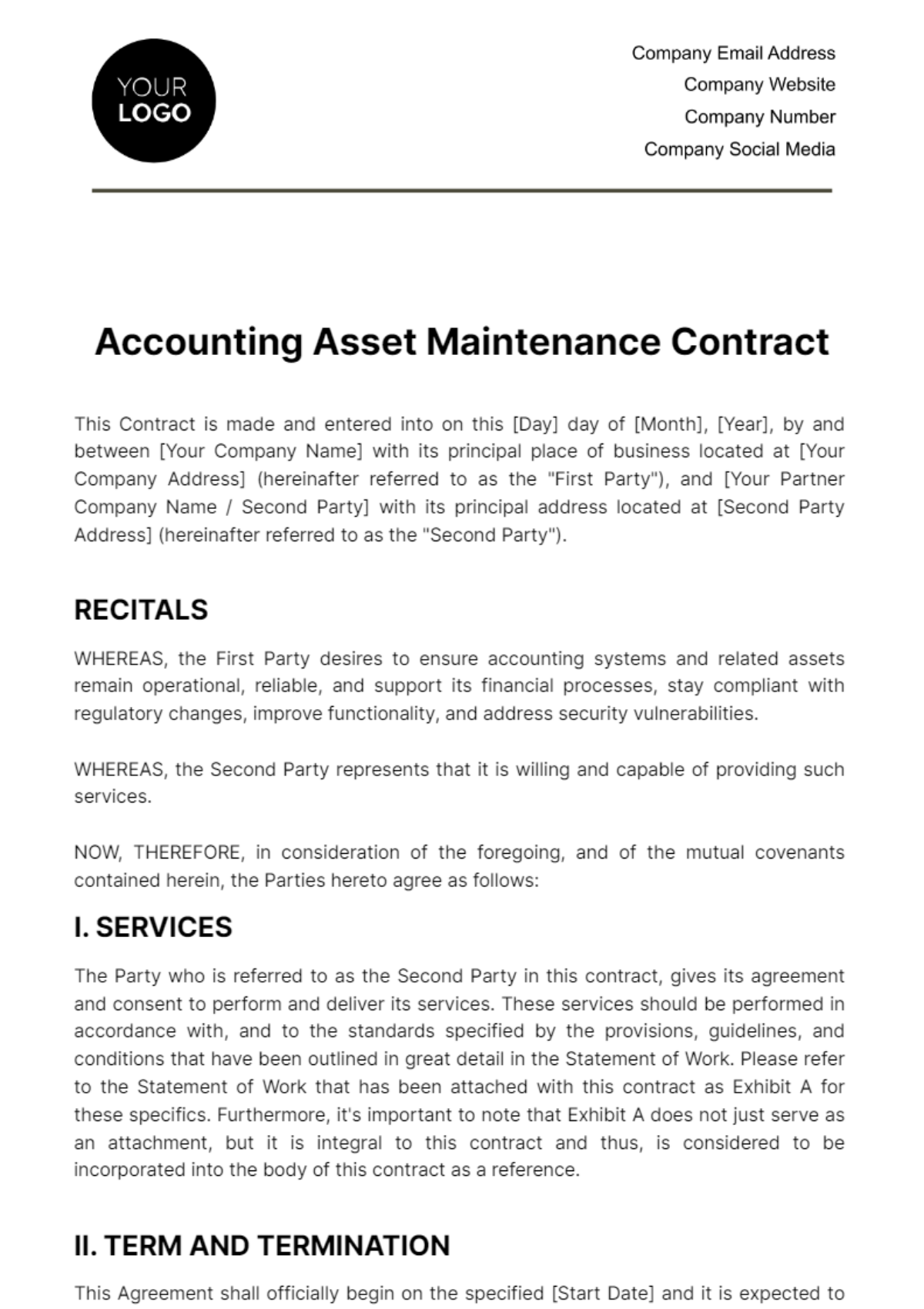 Accounting Asset Maintenance Contract Template