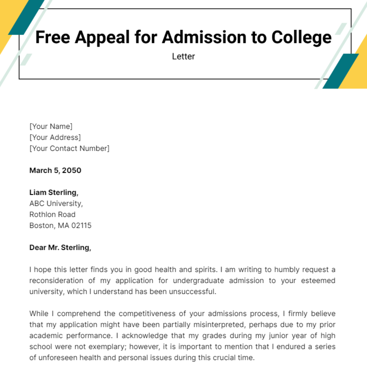 Appeal for Admission to College Letter Template