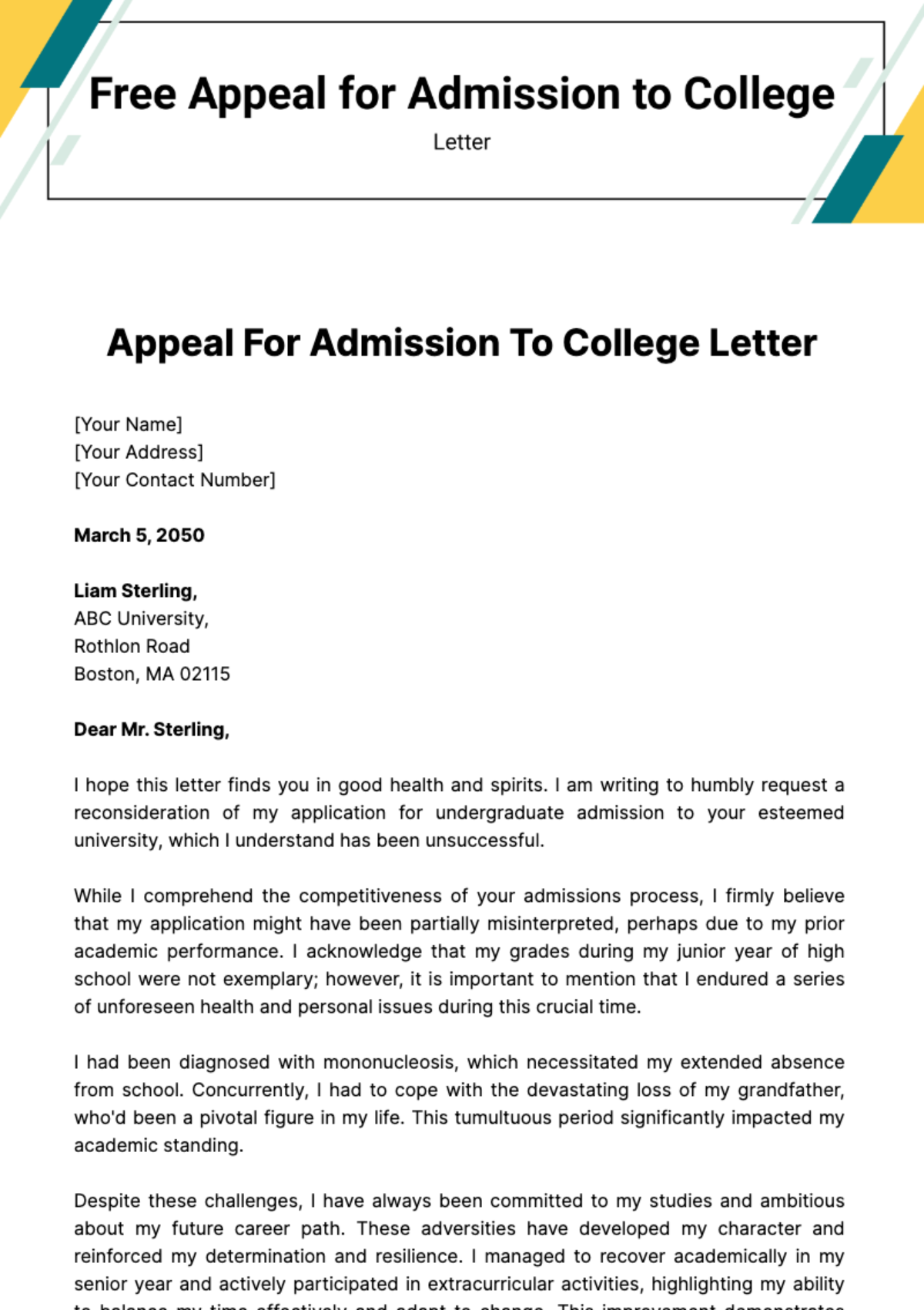 Free Appeal for Admission to College Letter Template