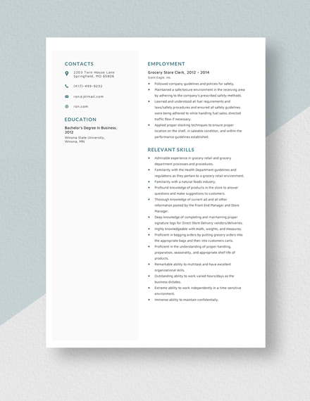 Free Grocery Store Clerk Resume Template - Word, Apple Pages | Template.net
