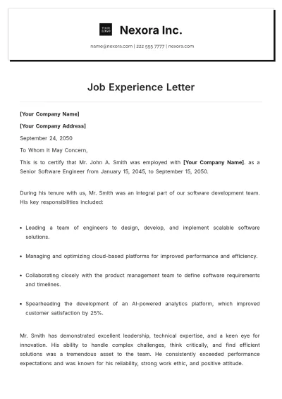 Free Job Experience Letter Template to Edit Online