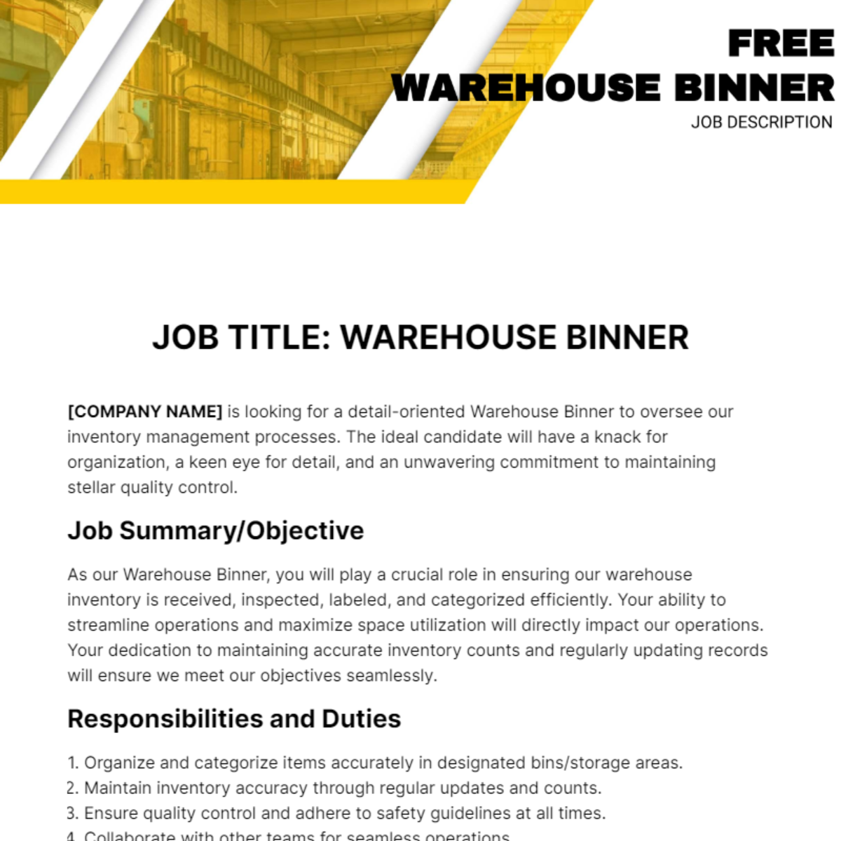 Warehouse Binner Job Description Template
